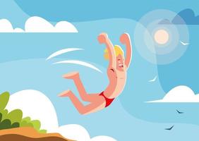 man jumping to the swimming pool with background landscape vector