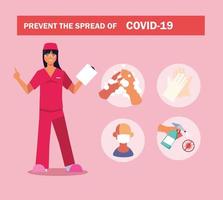 doctora explicar infografías cómo prevenir la propagación del covid 19 vector