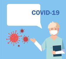 doctor with speech bubble talks about the covid 19 vector