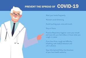 médico explica infografías cómo prevenir la propagación del covid 19 vector