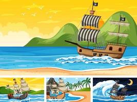 conjunto de océano con barco pirata en diferentes momentos escenas en estilo de dibujos animados vector