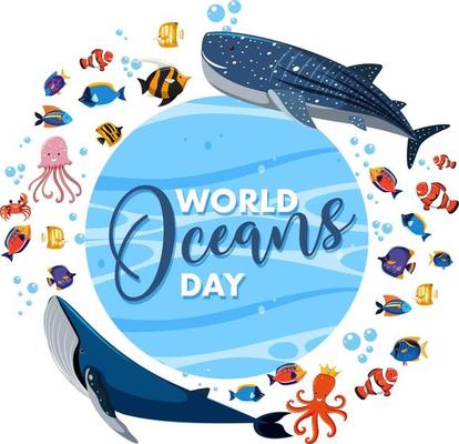 World Ocean Day banner with many different sea animals