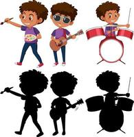 Set of a boy cartoon character doing different activities with its silhouette vector