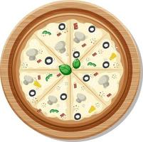 Top view of a whole vegan pizza on wooden plate isolated vector