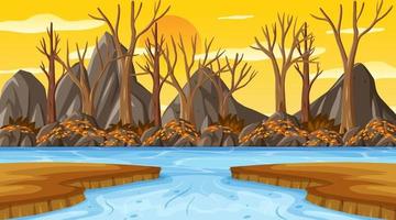 Sunset background scene with many dry trees and river vector