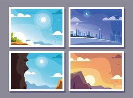 cuatro escenas con paisajes naturales y hermosos campos. vector