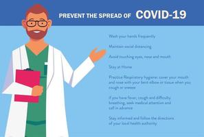 médico explica infografías cómo prevenir la propagación del covid 19 vector