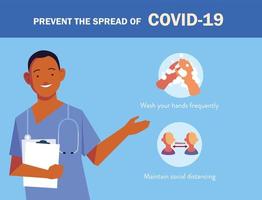 doctor explain Infographics how prevent the spread of covid 19 vector