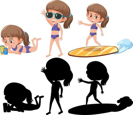 Set of a girl cartoon character doing different activities with its silhouette