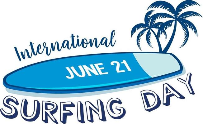 International Surfing Day font with surfboard banner isolated