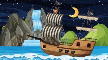 Ocean with Pirate ship at night scene in cartoon style vector