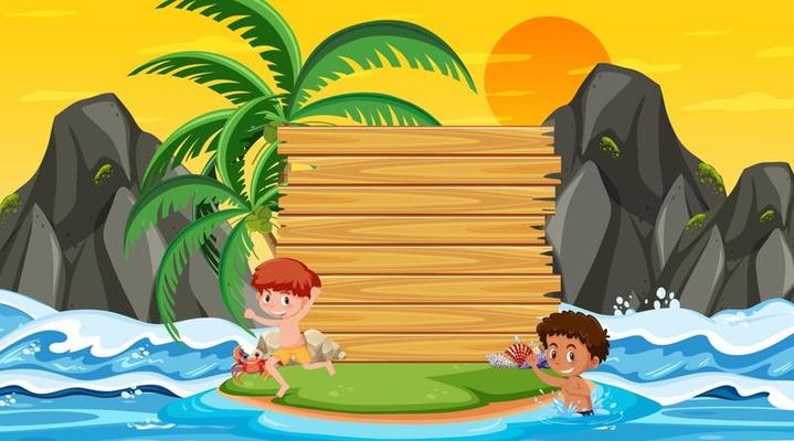 Kids on vacation at the beach sunset scene with an empty banner template