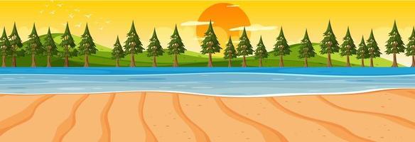 Escena horizontal de playa al atardecer con muchos pinos vector