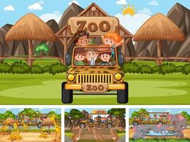 Four different zoo scenes with kids and animals vector