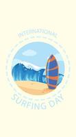 banner del día internacional del surf en estilo de dibujos animados vector