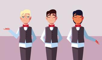 men waiters with uniform in different poses vector