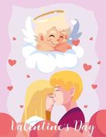 greetings card for valentines day, couple in love and sweet cupid angel vector