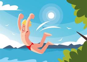 Hombre saltando a la piscina con paisaje de fondo vector