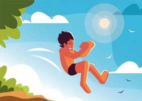 Hombre saltando a la piscina con paisaje de fondo vector