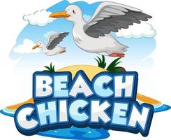 Seagull bird cartoon character with Beach Chicken font banner isolated vector