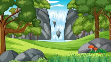 Forest scene with various forest trees and waterfall vector