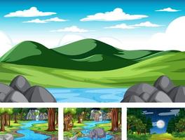 Different nature scenes of forest and rainforest with wild animals vector