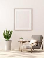 Representación 3D de maqueta de diseño de interiores para sala de estar con marco de imagen en pared blanca foto