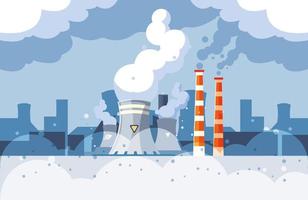 Industrial smoke clouds on city landscap, nuclear reactor environmental pollution vector