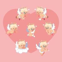 set of cute cupid angels in different poses, valentines day vector