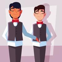 men waiters with uniform in different poses vector