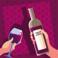 hands holding a bottle and glass of wine vector