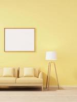 Representación 3D de maqueta de diseño de interiores para sala de estar con marco de imagen en pared amarilla