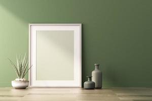 Representación 3D de maqueta de diseño de interiores para sala de estar con marco de imagen en pared verde foto
