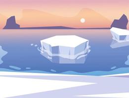 iceberg floating in blue ocean with sun in the sky vector