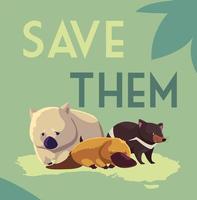 save them label with wild animals of australia vector