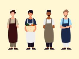 group men apron characters with apron and basket vector