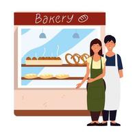 couple with apron in front of their bakery vector