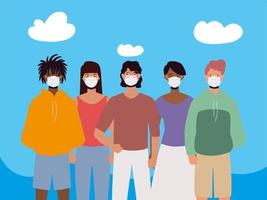 group of people in protective medical face masks in the outdoor, coronavirus covid 19 vector