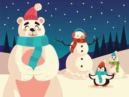 navidad osos polares muñeco de nieve y pingüino en la noche paisaje nevado vector