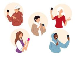 people portrait using smartphone chatting, messaging and calling vector