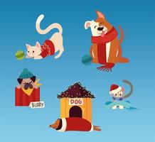 christmas cute dogs cats with wearing winter outfits vector