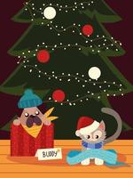 christmas cute dog and cat with scarf and tree animals vector