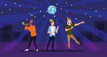 people happy celebrating party with disco ball and confetti vector