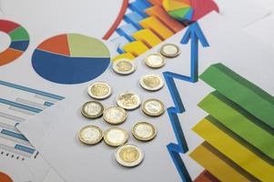 different denominations euro coins with statistics photo