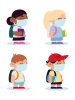 back to school for new normal, little students boys and girls with protective masks vector