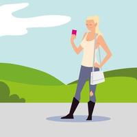 blonde woman using smartphone in the street vector