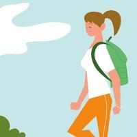 girl with backpack walking portrait cartoon vector