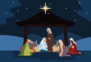 nativity, manger scene holy family wise kings ox donkey in the night vector