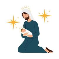nativity, manger joseph carrying baby jesus vector