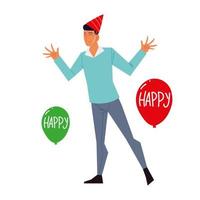 man with party hat balloons decoration and celebration vector